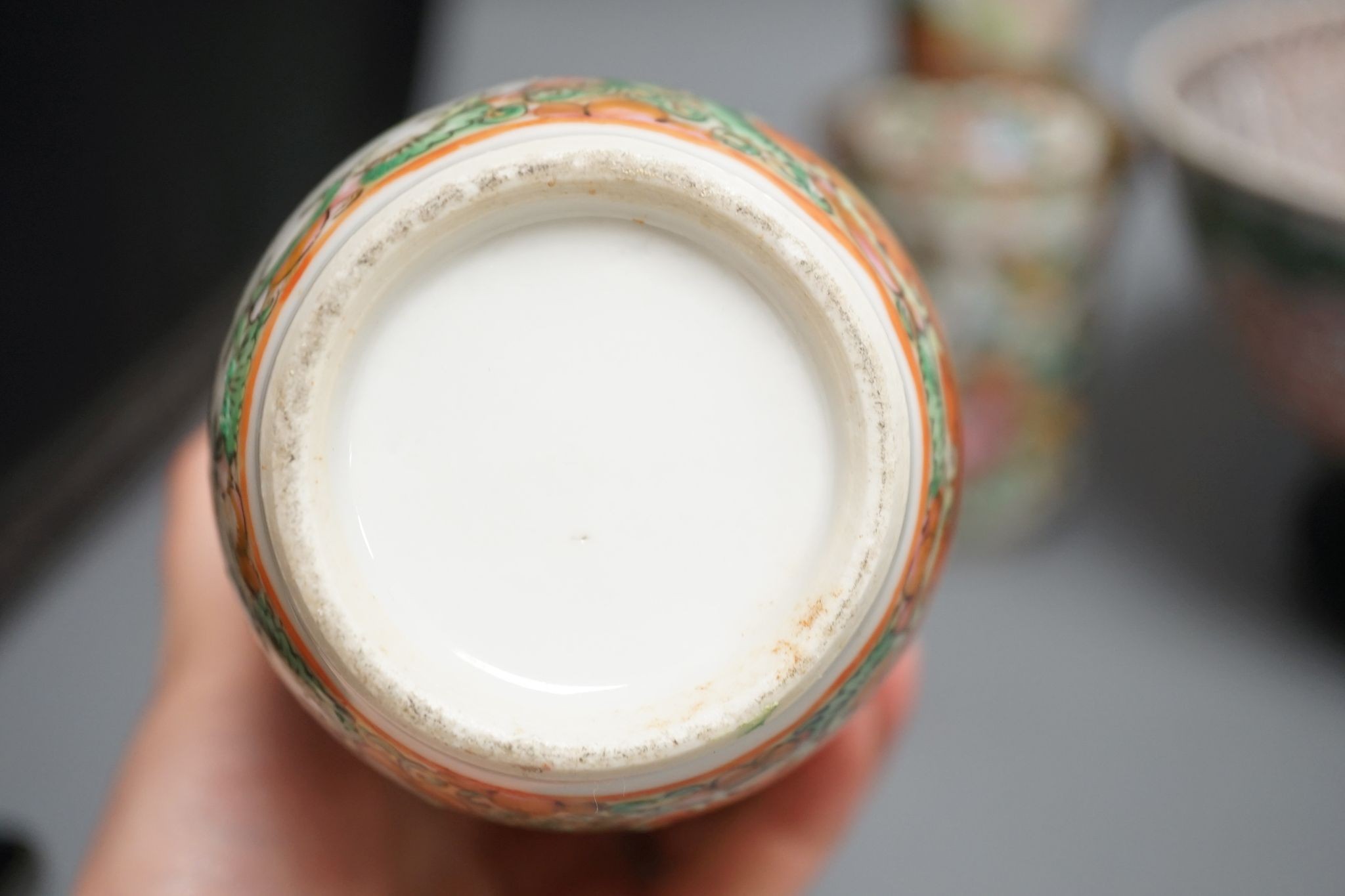 A pair of Chinese Canton famille rose vases and a bowl on stand
